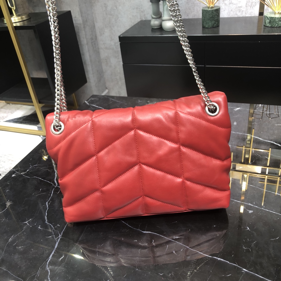 Saint Laurent Loulou Puffer Small Lambskin Shoulder Bag Handbag Red 577476 Silver